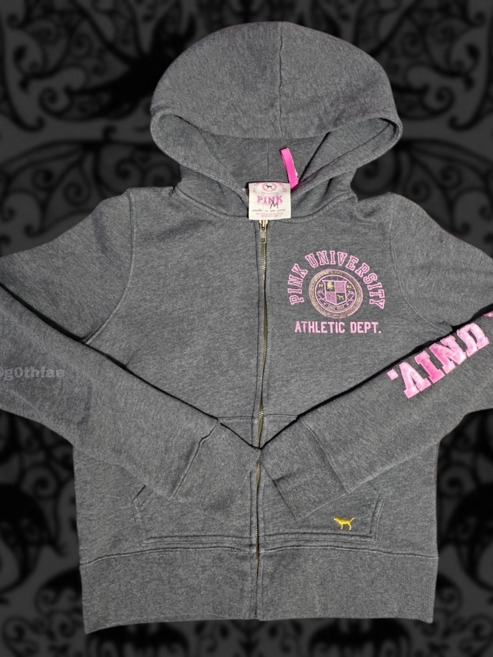 VTG PINK University Athletic Dept. Grey Zip-Up Hoodie with Pink & Gold Graphics
